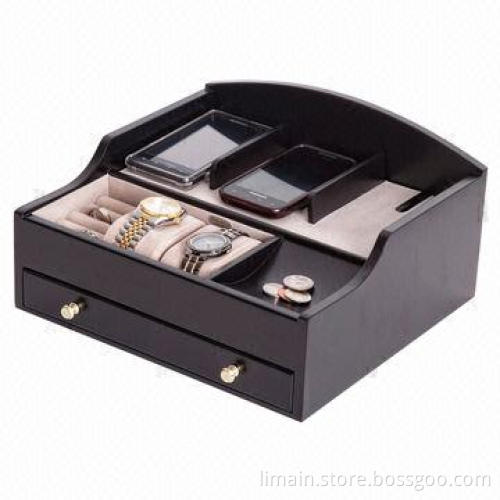 Wooden Jewelry Box with Hidden Storage for Power Cord, Gold Tone Drawer Pulls